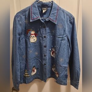 Southern Lady Festive Denim Shirt with Snowman Embroidery